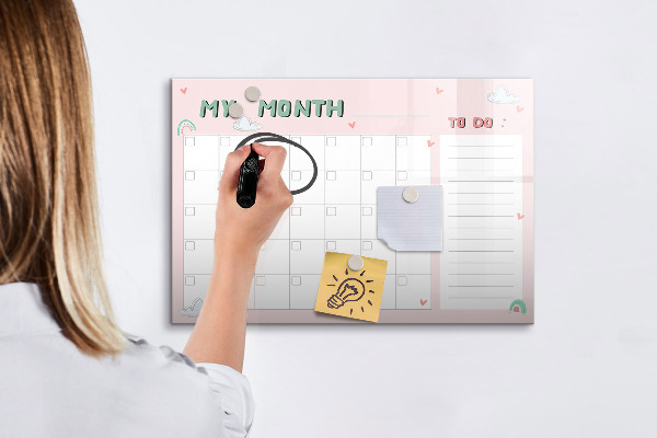 Memobord van glas met print inclusief neodymium magneten Maandelijkse planning met vrienden en foto's