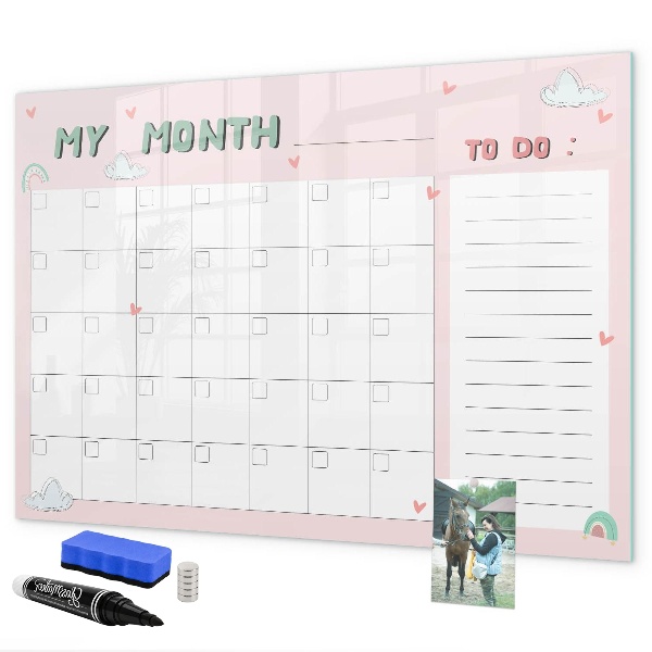 Memobord van glas met print inclusief neodymium magneten Maandelijkse planning met vrienden en foto's