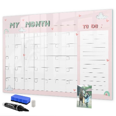 Memobord van glas met print inclusief neodymium magneten Maandelijkse planning met vrienden en foto's