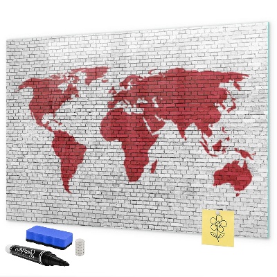 Decoratief glazen wandbord beschrijfbaar en magnetisch Wereldkaart met fotolocaties