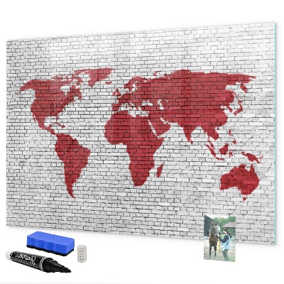 Decoratief glazen wandbord beschrijfbaar en magnetisch Wereldkaart met fotolocaties
