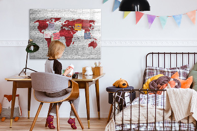 Decoratief glazen wandbord beschrijfbaar en magnetisch Wereldkaart met fotolocaties