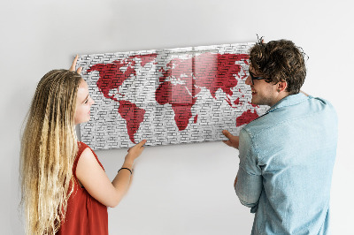 Decoratief glazen wandbord beschrijfbaar en magnetisch Wereldkaart met fotolocaties