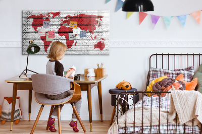 Decoratief glazen wandbord beschrijfbaar en magnetisch Wereldkaart met fotolocaties