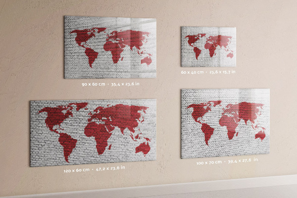 Decoratief glazen wandbord beschrijfbaar en magnetisch Wereldkaart met fotolocaties