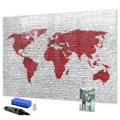 Decoratief glazen wandbord beschrijfbaar en magnetisch Wereldkaart met fotolocaties