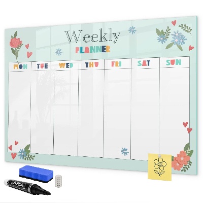Decoratief glazen wandbord beschrijfbaar en magnetisch Weekplanner met ruimte voor foto's