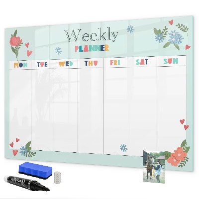 Decoratief glazen wandbord beschrijfbaar en magnetisch Weekplanner met ruimte voor foto's