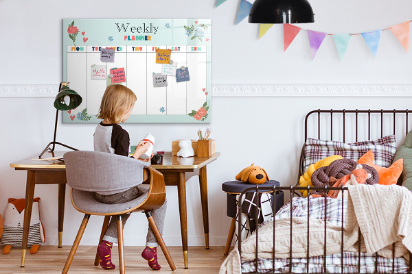 Decoratief glazen wandbord beschrijfbaar en magnetisch Weekplanner met ruimte voor foto's