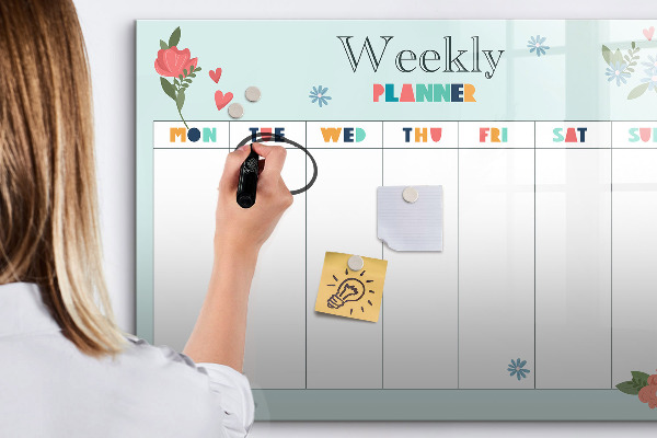 Decoratief glazen wandbord beschrijfbaar en magnetisch Weekplanner met ruimte voor foto's