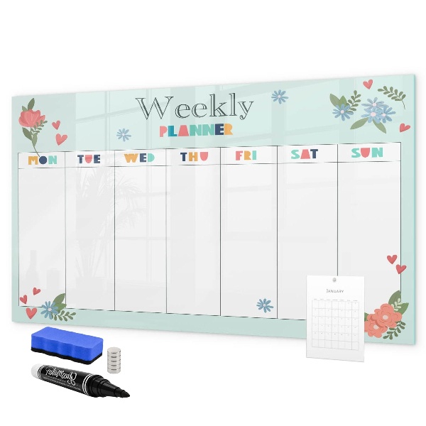 Decoratief glazen wandbord beschrijfbaar en magnetisch Weekplanner met ruimte voor foto's