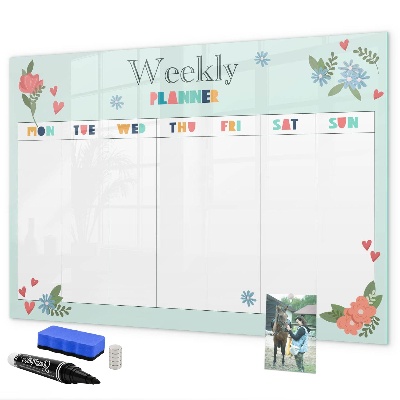 Decoratief glazen wandbord beschrijfbaar en magnetisch Weekplanner met ruimte voor foto's