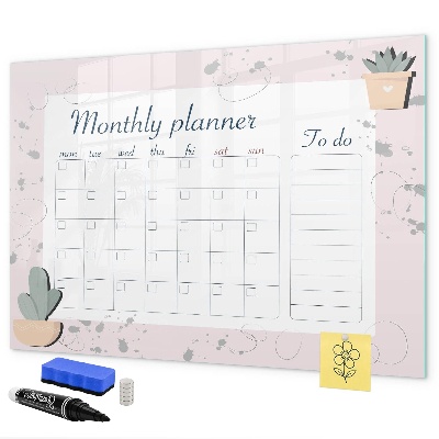 Memobord van glas met print inclusief neodymium magneten Maandplanner met ruimte voor foto's
