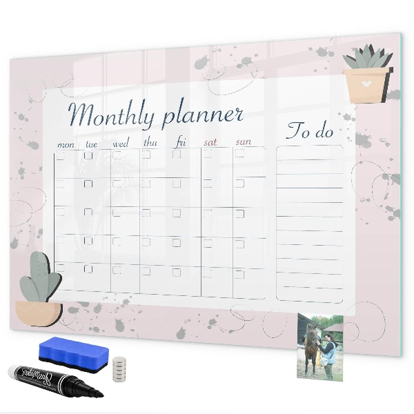 Memobord van glas met print inclusief neodymium magneten Maandplanner met ruimte voor foto's