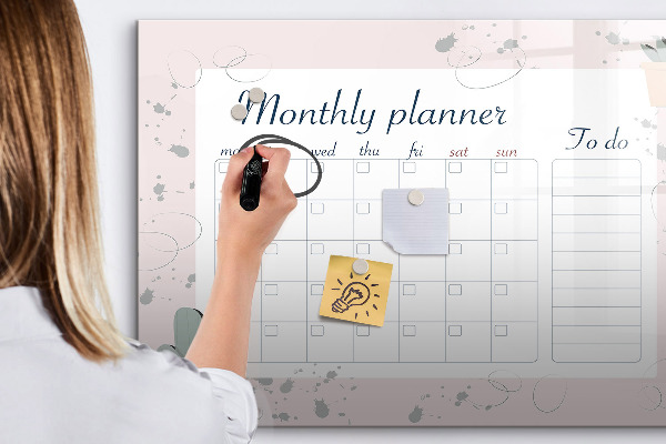 Memobord van glas met print inclusief neodymium magneten Maandplanner met ruimte voor foto's
