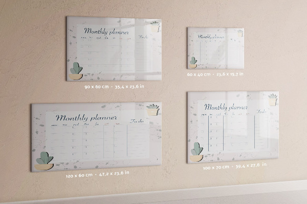 Memobord van glas met print inclusief neodymium magneten Maandplanner met ruimte voor foto's