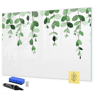 Memobord van glas met print inclusief neodymium magneten Groene bladeren en foto's aan de muur