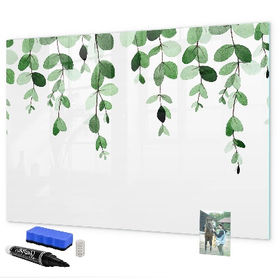 Memobord van glas met print inclusief neodymium magneten Groene bladeren en foto's aan de muur