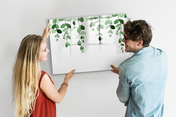 Memobord van glas met print inclusief neodymium magneten Groene bladeren en foto's aan de muur