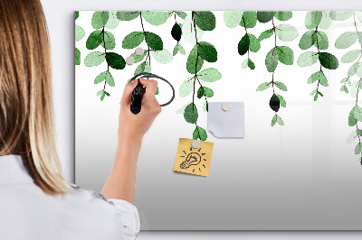Memobord van glas met print inclusief neodymium magneten Groene bladeren en foto's aan de muur