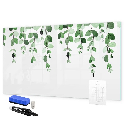 Memobord van glas met print inclusief neodymium magneten Groene bladeren en foto's aan de muur