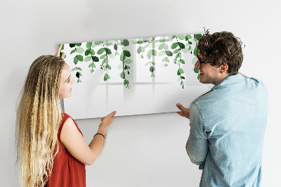 Memobord van glas met print inclusief neodymium magneten Groene bladeren en foto's aan de muur