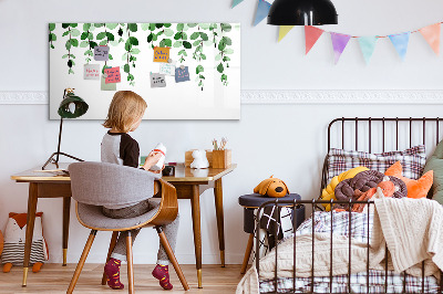Memobord van glas met print inclusief neodymium magneten Groene bladeren en foto's aan de muur