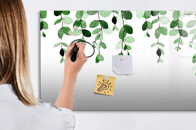 Memobord van glas met print inclusief neodymium magneten Groene bladeren en foto's aan de muur
