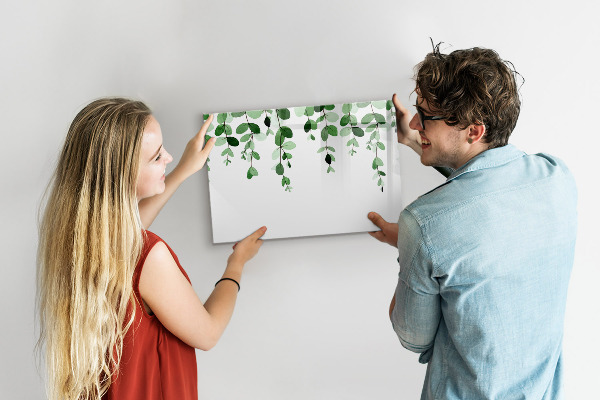 Memobord van glas met print inclusief neodymium magneten Groene bladeren en foto's aan de muur