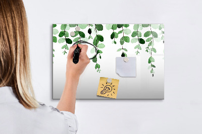 Memobord van glas met print inclusief neodymium magneten Groene bladeren en foto's aan de muur