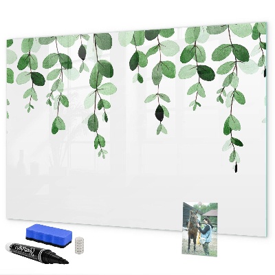 Memobord van glas met print inclusief neodymium magneten Groene bladeren en foto's aan de muur