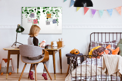 Memobord van glas met print inclusief neodymium magneten Groene bladeren en foto's aan de muur