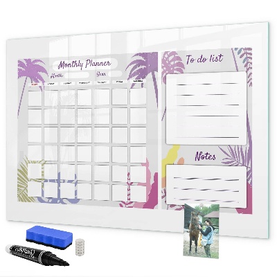 Decoratief glazen wandbord beschrijfbaar en magnetisch Maandplanner met ruimte voor foto's