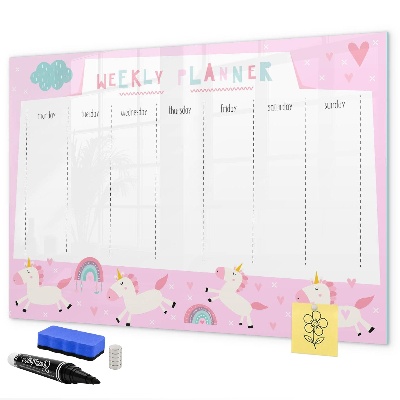 Decoratief glazen wandbord beschrijfbaar en magnetisch Eenhoorn weekplanner
