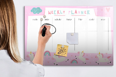 Decoratief glazen wandbord beschrijfbaar en magnetisch Eenhoorn weekplanner