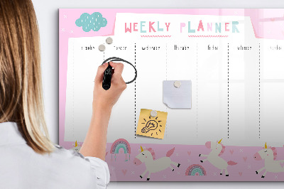 Decoratief glazen wandbord beschrijfbaar en magnetisch Eenhoorn weekplanner