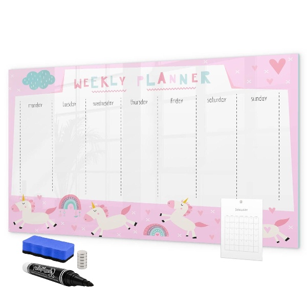 Decoratief glazen wandbord beschrijfbaar en magnetisch Eenhoorn weekplanner