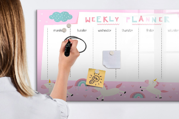 Decoratief glazen wandbord beschrijfbaar en magnetisch Eenhoorn weekplanner