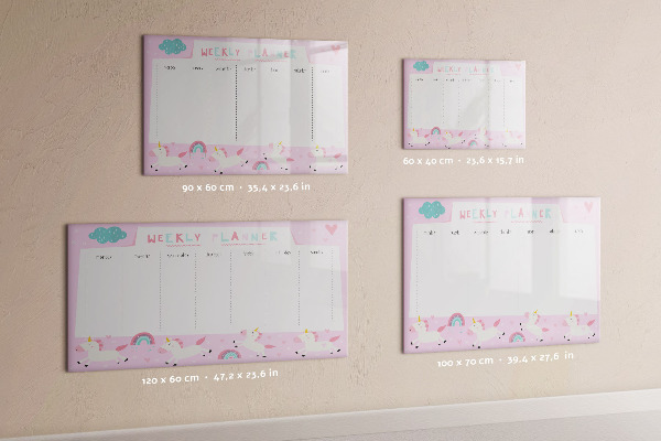 Decoratief glazen wandbord beschrijfbaar en magnetisch Eenhoorn weekplanner