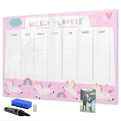 Decoratief glazen wandbord beschrijfbaar en magnetisch Eenhoorn weekplanner