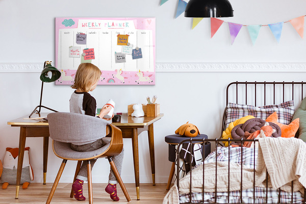 Decoratief glazen wandbord beschrijfbaar en magnetisch Eenhoorn weekplanner