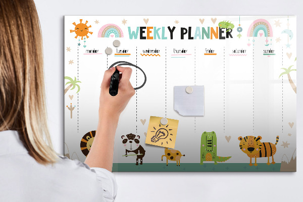 Memobord van glas met print inclusief neodymium magneten Weekplanner met dierenthema
