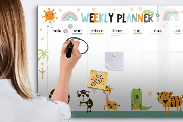 Memobord van glas met print inclusief neodymium magneten Weekplanner met dierenthema