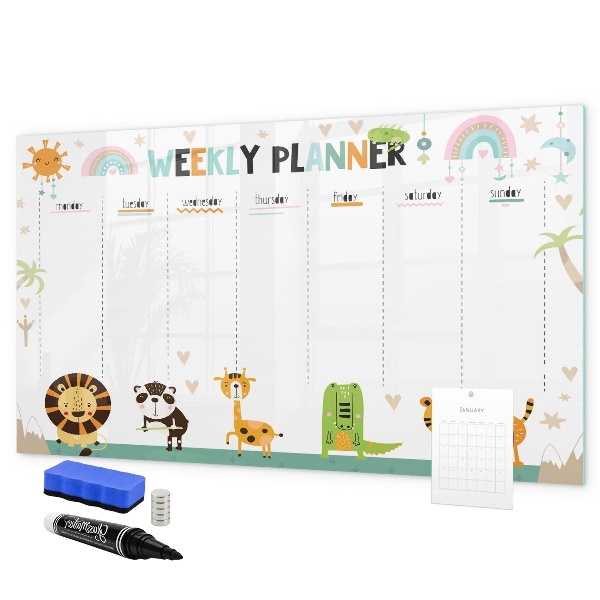 Memobord van glas met print inclusief neodymium magneten Weekplanner met dierenthema