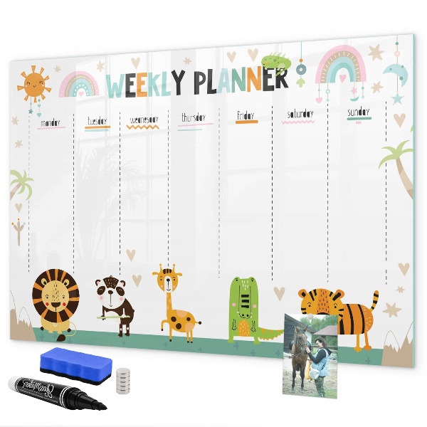 Memobord van glas met print inclusief neodymium magneten Weekplanner met dierenthema