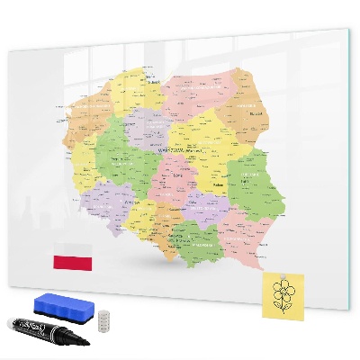 Memobord van glas met print inclusief neodymium magneten Interactieve kaart van Polen voor personalisatie