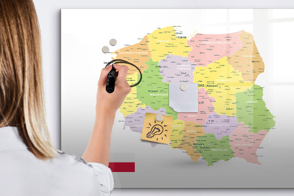 Memobord van glas met print inclusief neodymium magneten Interactieve kaart van Polen voor personalisatie