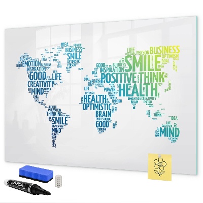 Decoratief glazen wandbord beschrijfbaar en magnetisch Een wereld vol ideeën en positiviteit.