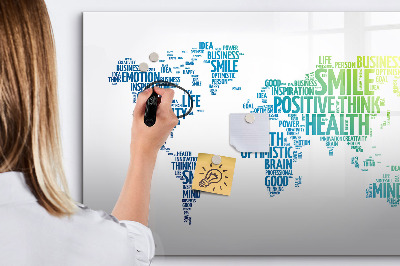 Decoratief glazen wandbord beschrijfbaar en magnetisch Een wereld vol ideeën en positiviteit.