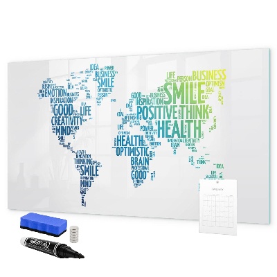 Decoratief glazen wandbord beschrijfbaar en magnetisch Een wereld vol ideeën en positiviteit.